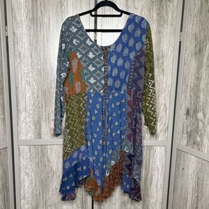 Sacred Threads Short Dress Tunic Boho Gypsy Funky Hippie Patch Long Sleeve Sz SM